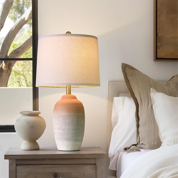 USumkky 24.5" Ceramic Table Lamp with 5FT Cord, Single Farmhouse Vintage Rustic Bedside Lamp for Living Room Bedroom Entryway, Linen Shade Nightstand End Table Decor (Bulb Not Included)-White&Brown