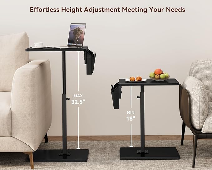 Vagusicc Sofa Armrest Tray Table for Couch, 360° Swivel Height Adjustable TV Tray Table for Small Spaces, Snack Side Table for Couch, Bed, Chair, C Shaped End Side Table for Eating, Reading, Laptop