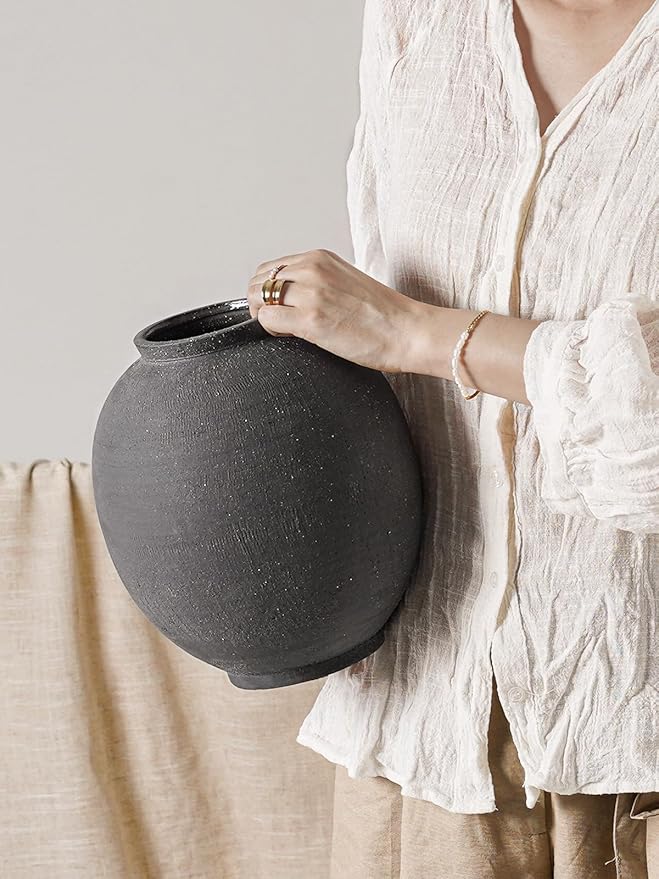 Large Blak Ceramic Vase - 9.8 Inch Rustic Farmhouse Flower Vase for Home Decor, Minimalist Tall Vases for Living Room, Table, Bathroom, Holiday & Weddings (Sandstone Black)
