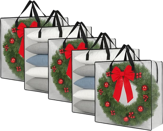 5 Pack Clear Wreath Storage Bag – 26 Inch Square Holiday Garland Organizer with Zipper and Handles – Multi-Purpose Clear Tote for Christmas Decor, Bedding, Clothes, College Moving Supplies