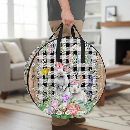 24 Inch Round Storage Bag 1 Pack,Farm Easter Blossom Flowers Bunny Waterproof Wreath Storage Container with Handles&Zipper Black White Buffalo Tartan Closet Organizer Bags Garland Box