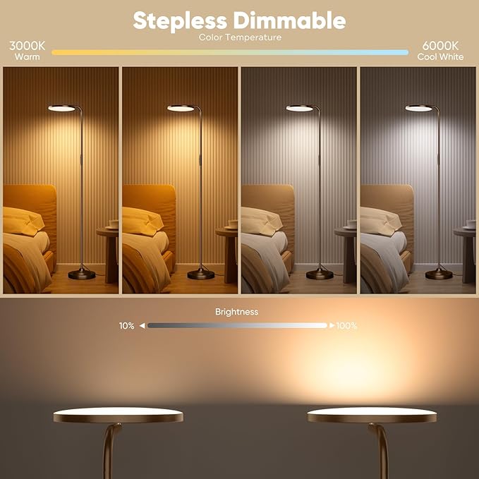 SIBRILLE 36W LED Floor Lamp, Super Bright Standing Lamp, Modern Stepless Dimmable Torchiere Tall Lamp with Remote Control, 350°Rotating Head Reading Floor Lamp for Living Room, Bedroom, Office