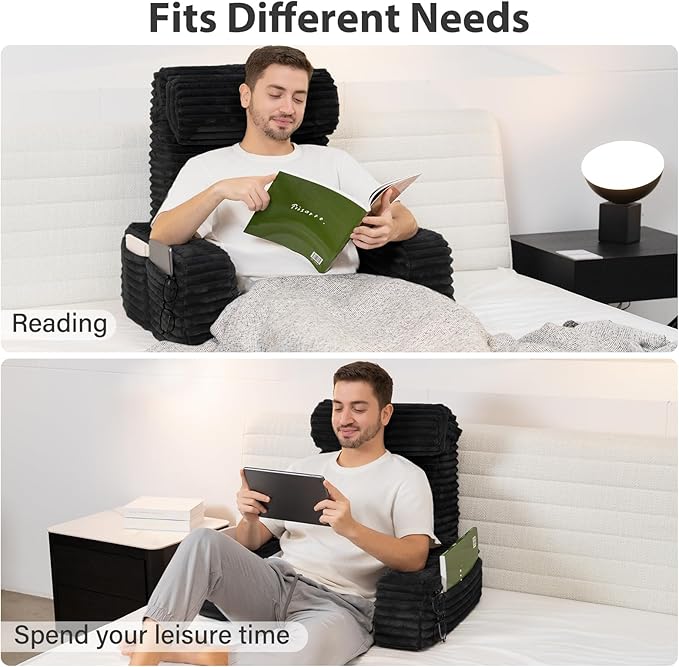 ENITYA Reading Pillow for Bed Sitting Up, 24” XXL Back Support Pillow with Arms & Large Pockets, Adult Backrest for Reading, TV, Gaming, Post-Surgery, Black