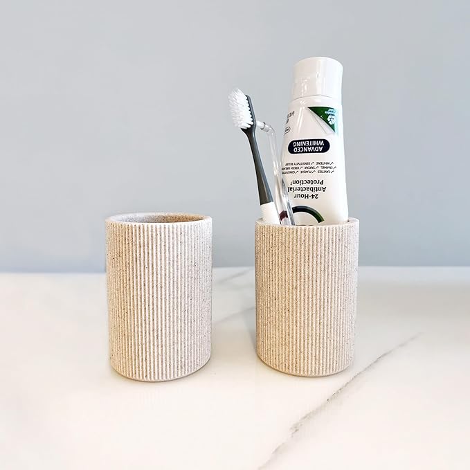 Small Sand Beige Toothbrush Holder for Bathroom Countertop, Modern Boho Aesthetic Vintage Farmhouse Organizer, Pen & Makeup Brush Holder