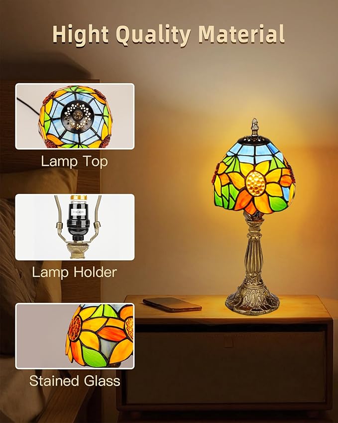 Tiffany Style Table Lamp, 6 Inch Sunflower Stained Glass Lamp, Small Antique Bedside Night Lamp for Bedroom, Living Room, Office, Included LED Bulb