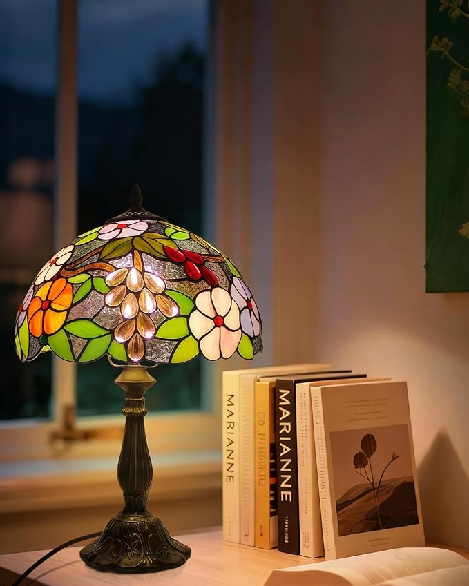 Table Lamp Hand-Made Grape Rose Stained Glass Table Lamps Bedside Nightstand Lamp for Bedroom, Living Room, Home Office Desk Lamp,Home Deco Art, W/LED E27 Bulb,12X12X18Inch