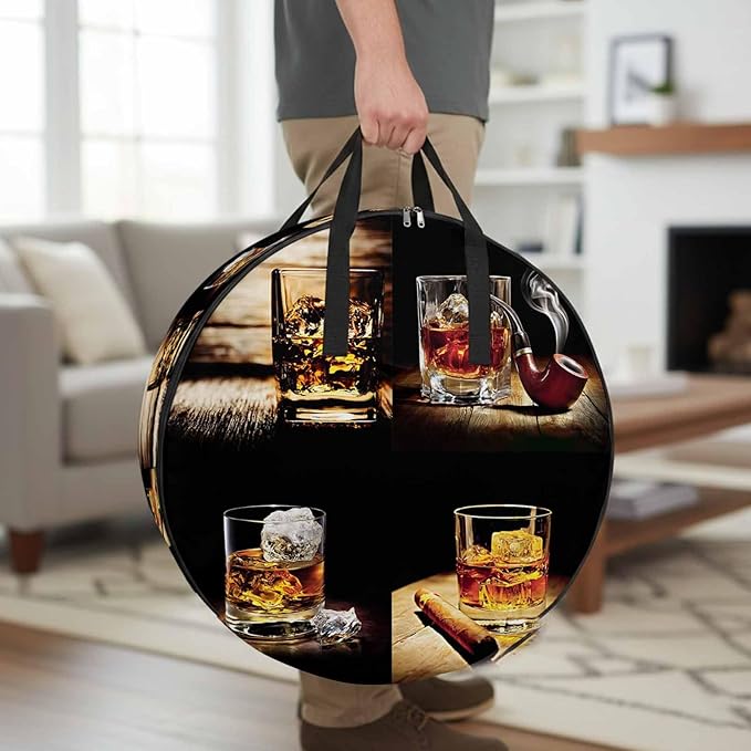Storage Bag Whisky Glass Round Storage Totes Bins Closet Organizers with Zippers & Handle Wine Old Fashioned Wood Grain Clothes Storage Container for Bedroom Dorm Space Saving Packing Supplies Bags