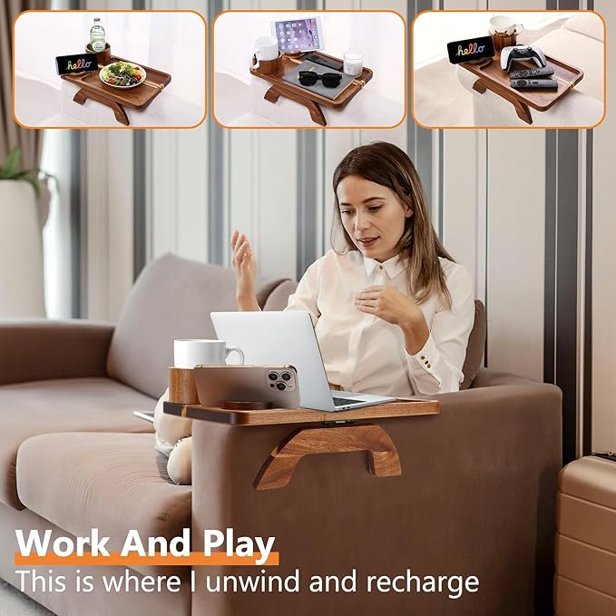 Couch Armrest Table Acacia with 360°Rotating Phone & Cup Holders,15.4" x 9.8", 3-in-1 Couch Arm Tray Clip-On Couch Tray for Drinks & Snacks