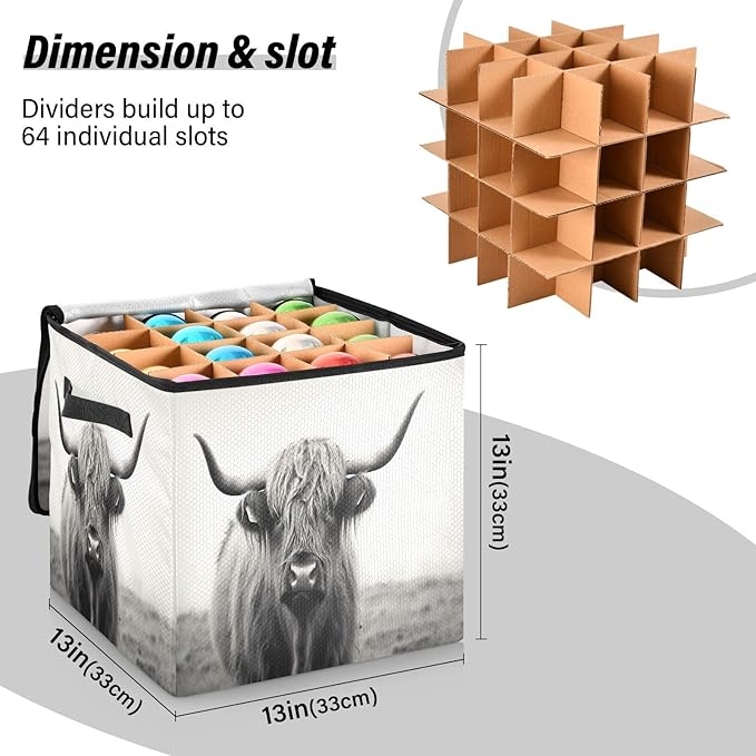 Kigai Highland Cow Christmas Ornament Storage Box with Zipper & Adjustable Dividers Holiday Ornament Organizer Xmas Storage Container, 64 Balls
