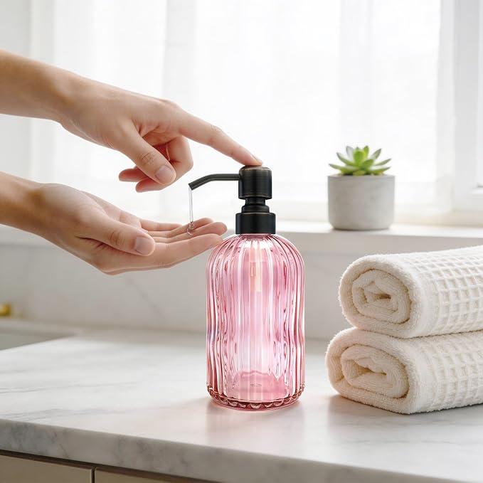 16 OZ Pink Glass Soap Dispenser,Clear Pink Stripe Bathroom Hand Soap Dispensers with Stainless Steel Bronze Pump,Brown Pink Kitchen Hand Soap Dispenser with Oil Rubbed Bronze Pump