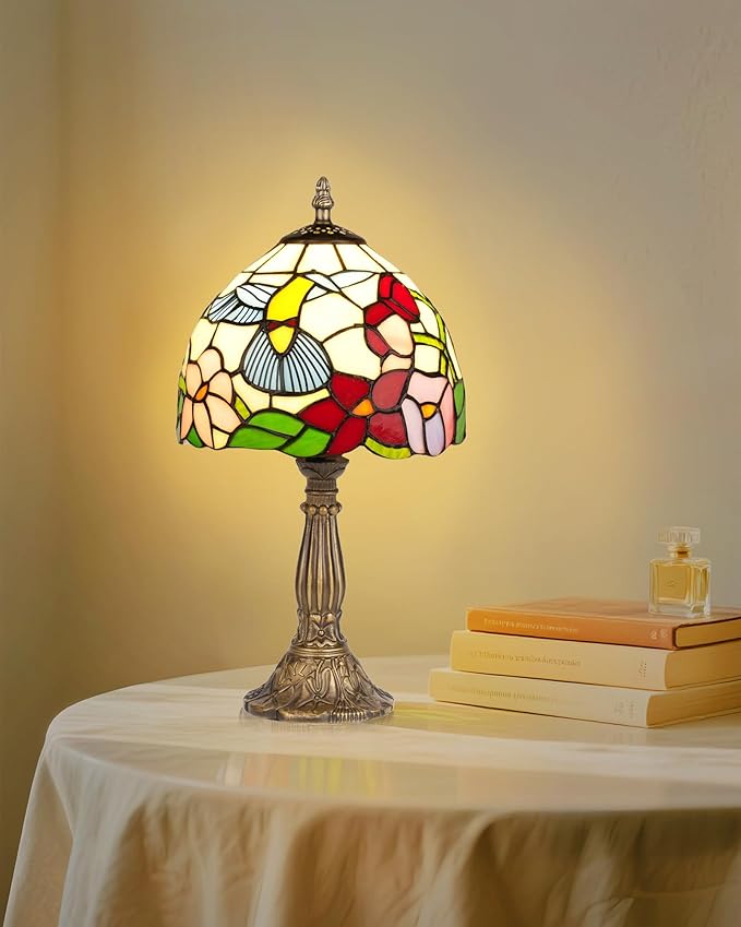 Hummingbird Tiffany Style Table Lamp with LED Bulb, 8 Inch Handmade Stained Glass Light, Antique Desk & Bedside Lamp for Living Room, Bedroom, Study Office