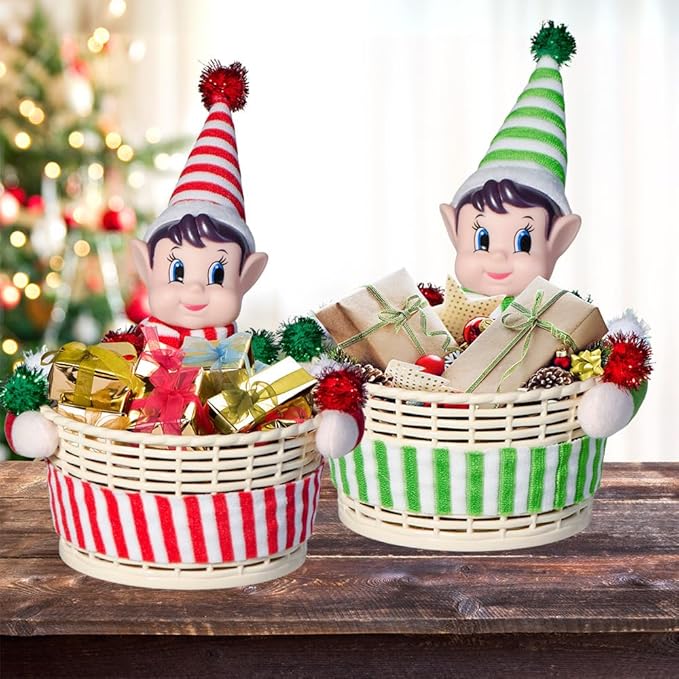Christmas Elf Storage Gift Basket Ornament, Small Empty Xmas Box Decoration Cute Plastic Organizer Basket for Kids Elf Holder for Gift,Chocolate,Toys or Candies Christams Decor (Green)