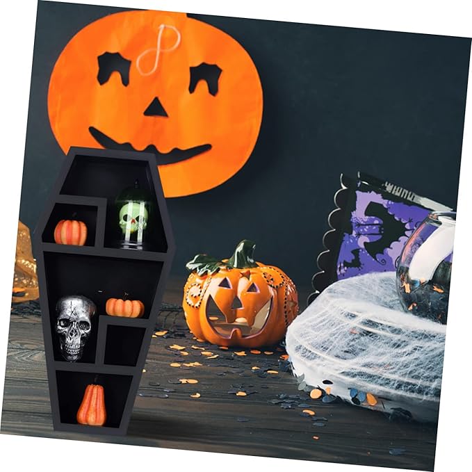 GALPADA Spooky Coffin Shelf Gothic Decor for Halloween Display Multipurpose Coffin Shaped Holder for Parties and Storage Eerie Compartment Shelf for Unique Home Decor