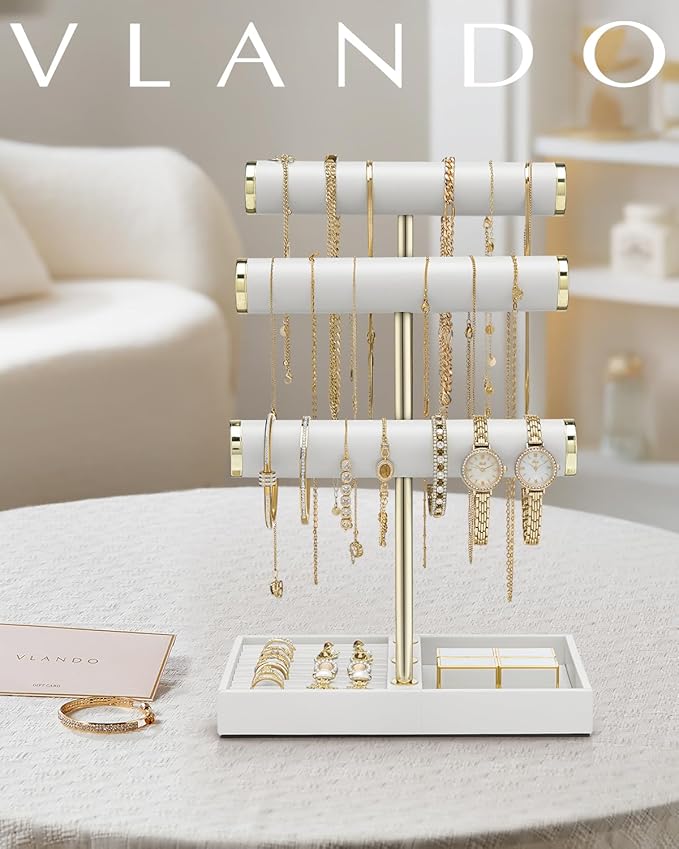 VLANDO 3 Tier Bracelet Holder Organizer with Tray - Mothers Day Gifts Leather Jewelry Stand Organizer for Mom - Jewelry Holder Display for Necklace, Watches, Rings, Earrings, Bangle, Scrunchie - White