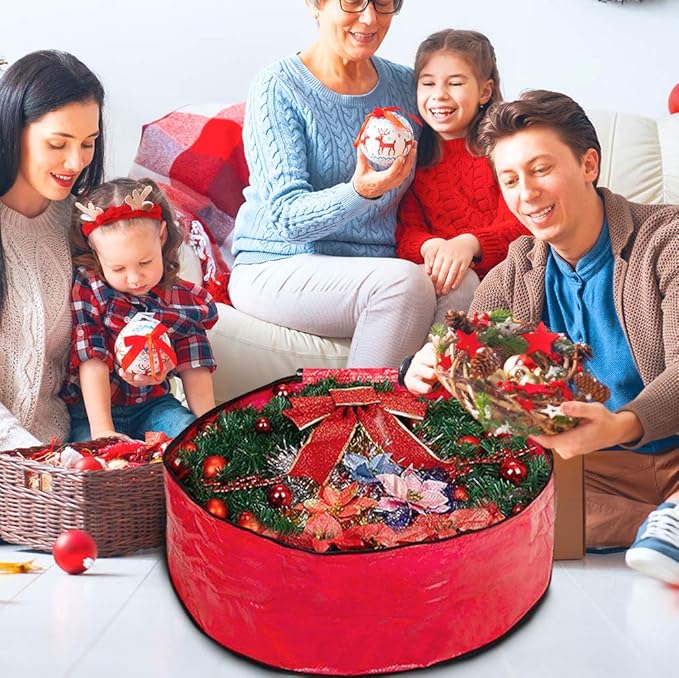 ProPik Christmas Wreath Storage Bag 24" - Garland Holiday Container with Tear Resistant Material - Featuring Heavy Duty Handles and Transparent Card Slot - 24” X 8” (Red)