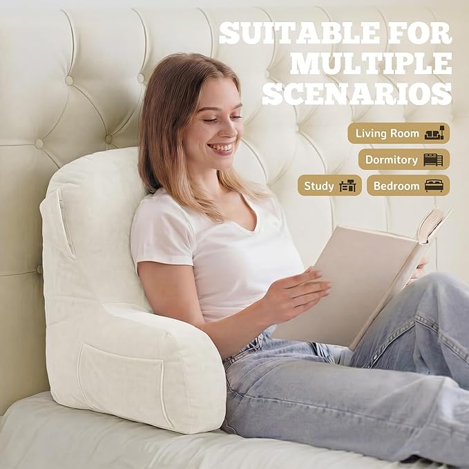 Unisakey Portable Comfy Reading Pillows for Bed Sitting Up(Beige Oeko-Tex), Velvet Back Pillow with Arms & Pockets for Adults, Support Memory Foam Bed Pillow for Dorm/Reading/Watching/Gaming