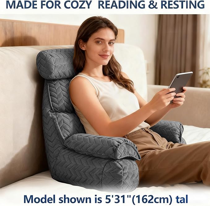 FXXUDVNIIN Back Pillow for Bed Sitting up – with 9.4" Armrest, for Reading, Gaming, Relaxing. Also Serves as tv Pillows for Sitting in Bed, Floor Pillow & Back Support for Adults.
