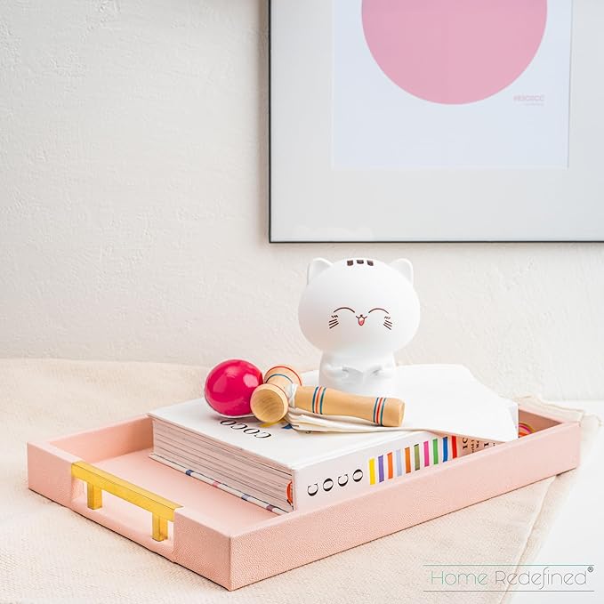 Home Redefined Modern Elegant 17.5"x12" Rectangle Baby Pink Tray Glossy Shagreen Faux Leather Decorative Ottoman Coffee Table Perfume Dresser Kitchen Serving Tray with Gold Polished Metal Handles.