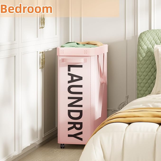 Optish Pink Laundry Basket with Wheels, Dorm Room Essentials for Girls, 90L Rolling Laundry Hamper with Wheels and Removable Mesh Bag for Clothes, Bedroom, Bathroom, College