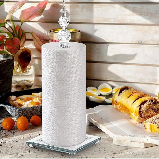 Crystal Paper Towel Holder, Bling Silver Paper Towel Roll Holder, Decor Standing Paper Towel Holder with Weighted Base, Paper Towel Dispenser for Kitchen Countertops Bathroom, Anti Slip(Square/Silver)