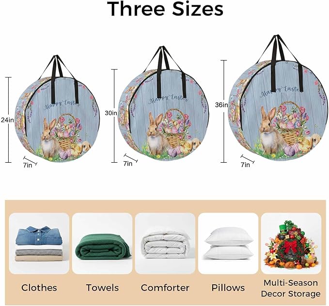 24 Inch Round Storage Bag 1 Pack,Happy Easter Bunny Egg with Basket Waterproof Wreath Storage Container with Handles&Zipper Flower on Farm Blue Wood Grain Closet Organizer Bags Garland Box