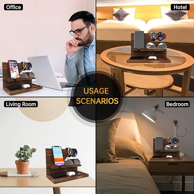 Gifts for Men Wood Phone Docking Station Birthday Gift for Men Valentines Day Gifts Father Gift for Him Boyfriend Nightstand Organizer Desktop Phone Stand