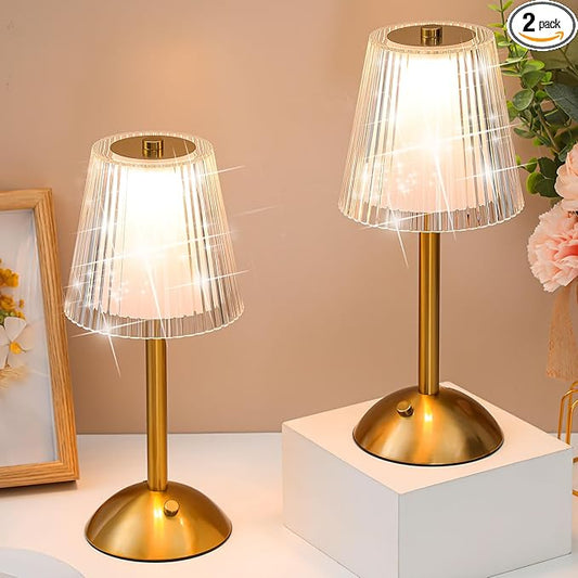 Liliful 2 Pcs Cordless Table Lamp Rechargeable Touch LED Small Gold Portable Battery Operated USB-c Desk Lamp 3 Color Dimmable for Bedroom Living Room Dining (Gold,Hollow Lined Style)