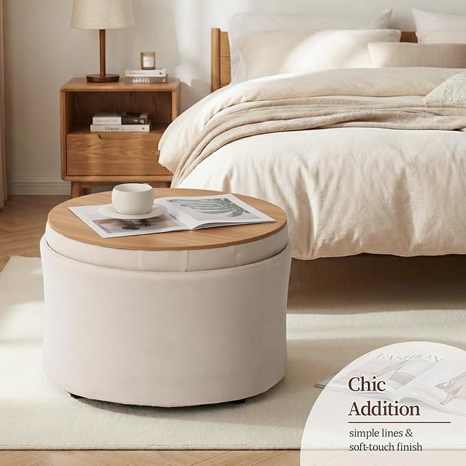 ONBRILL 25" Round Ottoman Coffee Table, Storage Ottoman with Lift-Off Lid, Multifunctional Foot Rest & Hidden Storage, Sturdy Steel Frame for Bedroom, Living Room, Corners, Apartment”