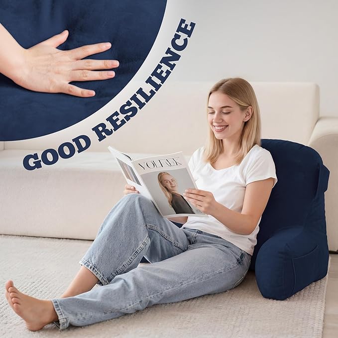 Unisakey Portable Comfy Reading Pillows for Bed Sitting Up(Royal Blue Oeko-Tex), Velvet Back Pillow with Arms & Pockets for Adults, Support Memory Foam Bed Pillow for Dorm/Reading/Watching/Gaming
