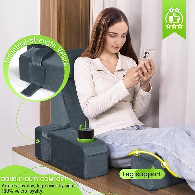 AS AWESLING 19 INCH Reading Pillow for Adults, Back Pillow for Bed Sitting Up, Backrest Pillow for Sitting in Bed, Detachable Arms with Built-in Cup & Phone Caddy (Dark Gray, 19 INCH)