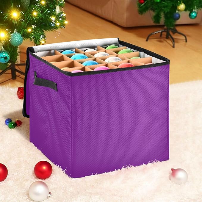 Purple Christmas Ornament Storage Basket Box Holiday Storage Container Cube with Adjustable Dividers for 64 Holiday Ornaments or Decorations Keeps Clean and Dry for Next Season