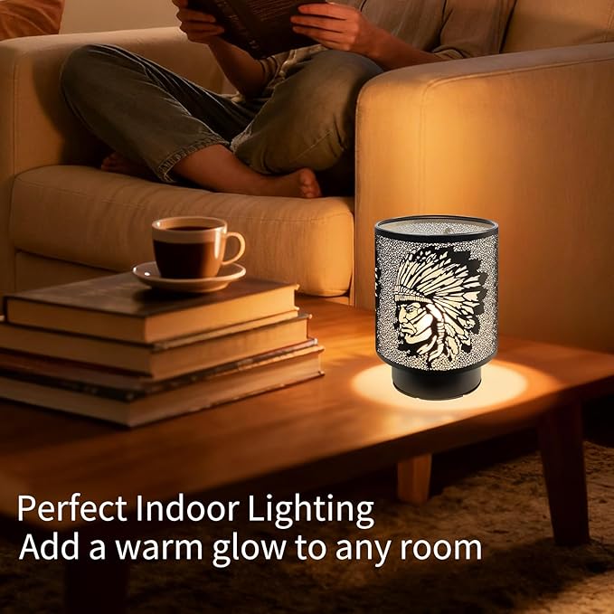 Battery Operated Table Lamp, Cordless Lamps for Home Décor, Nightlight with LED Bulb with Timer for Living Room Bedroom Tabletop Entryway Centerpiece Gift (Native American)