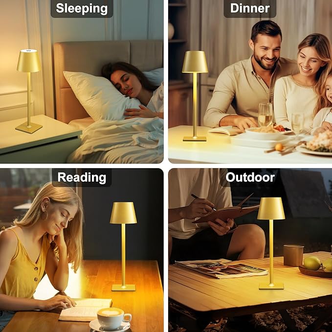 FenFud 2 Pack Gold Cordless Table Lamp - 6000mAh Battery Operated Touch Lamp with 3 Color Stepless Dimming, Waterproof & Wireless for Indoor & Outdoor Use, Perfect for Living Room Camping Café Patio