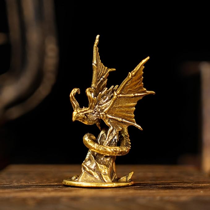 CHOVY Majestic Demon Dragon Perched on Rock Wings Spread - Handcrafted Retro 100% Solid Brass-Ideal Home Decor Desk Ornament Collectible Artwork Office Accent Artistic Scene Decoration