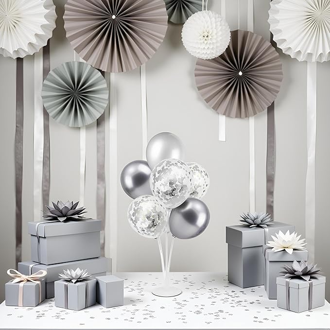 ZJDHPTY Silver Balloon Stand Centerpiece Table Decorations for 25th Wedding Anniversary Birthday Bridal Shower Father's Day Mother's Day Platinum Party Decorations(Silver gray set4)