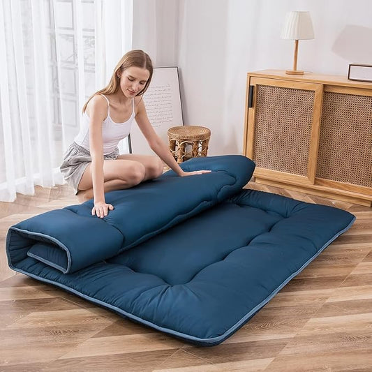MAXYOYO Japanese Floor Mattress Futon Mattress, Thicken Sleeping Pad Foldable Roll Up Floor Futon for Adults Tatami Mat Dormitory Lounger, Bluestone, Twin Size