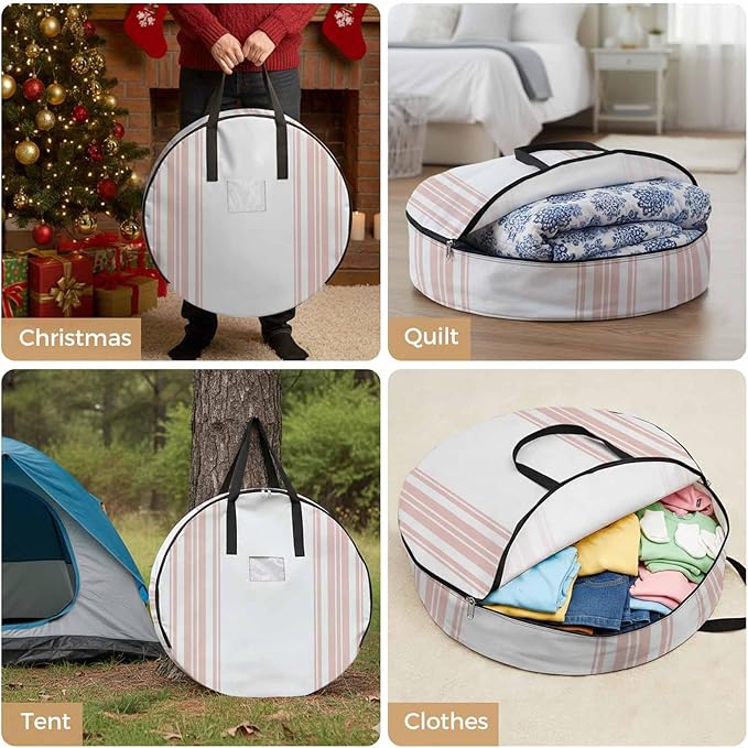 Storage Bag Pink Stripes Round Storage Totes Bins Closet Organizers with Zippers & Handle Simple Style Clothes Storage Container for Bedroom Dorm Space Saving Packing Supplies Moving Bags