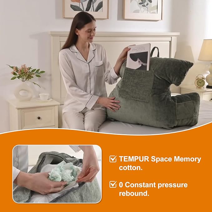 SUNSIDE Reading Pillow with Thickened Arm,Back Pillows for Sitting in Bed,Shredded Memory Foam Bed Rest Pillow with Side/Back Pocket,Backrest Cushion Suitable for Reading, Relaxing(Standard Grey)
