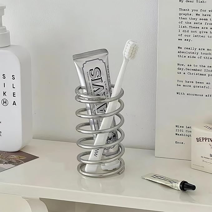 Spring Toothbrush Holder, Stainless Steel Spring Shaped Desktop Toothbrush Holder, Multifunctional Pen Holder Makeup Brush Toothbrush Storage for Bathroom Tabletop Dressing Table and Sink (Silvery)