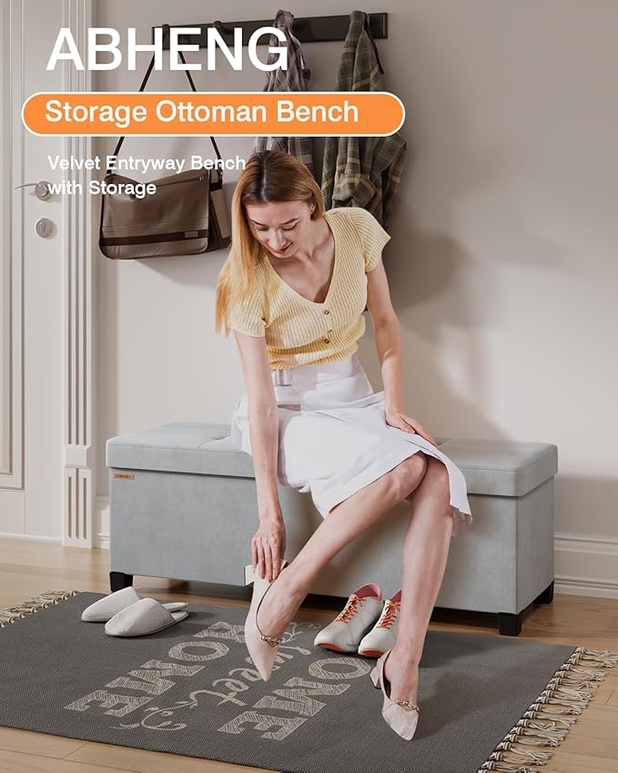 ABHENG Foldable Storage Ottoman Bench, Velvet Footrest and Seat Cube with Feet, Storage Chest, for Living Room, Bedroom and Office, 15 x 43 x 15.7 Inches, Dove Gray, ASND24G