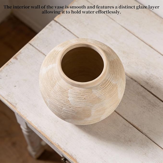 Large Rustic Farmhouse Vase - 8.8 in Ceramic Boho Decorative Vase for Home Decor, Round Clay Whitewashed Terracotta Bowl vase for Living Room, Table, Shelf, Centerpieces