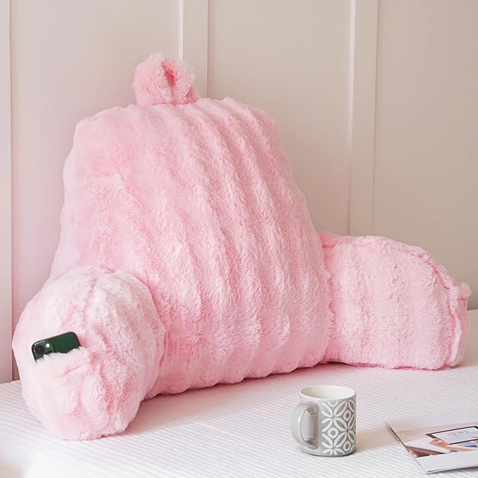 Yaoshuho Faux Fur Reading Pillow for Sitting in Bed, Large Backrest Bed Pillow with Arms, Back Support Pillow for Lounging Bedrest, Pink