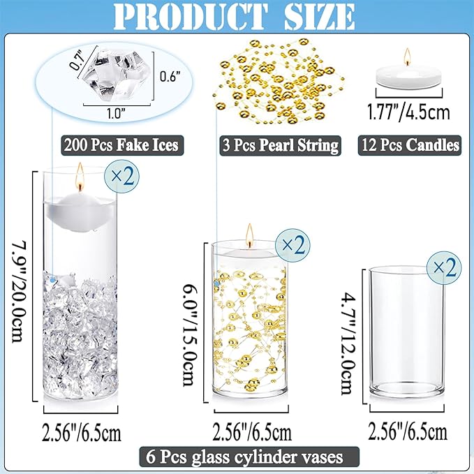 Glass Cylinder Vaseswith White Floating Candles Acrylic Fake Ice Cubes Pearl String Vases Fillers for Table Centerpiece Party Wedding Home Decor (1)