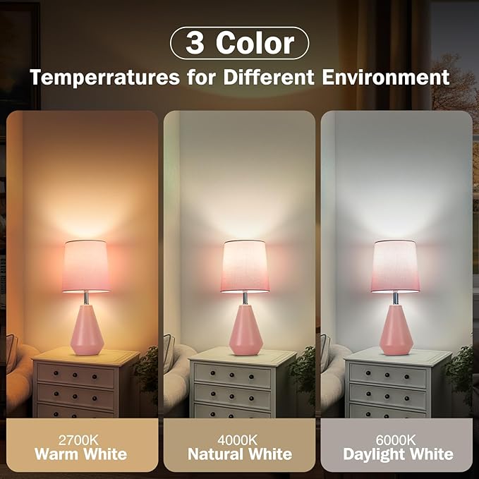 Small Bedside Table Lamp for Bedroom-Reading Desk Lamp Set of 2,with 3 Color Temperatures,15.5" Nightstand Ceramic Lamp with Fabric Shade for Kids Room,Living Room,Dorm,Home Office(Pink)