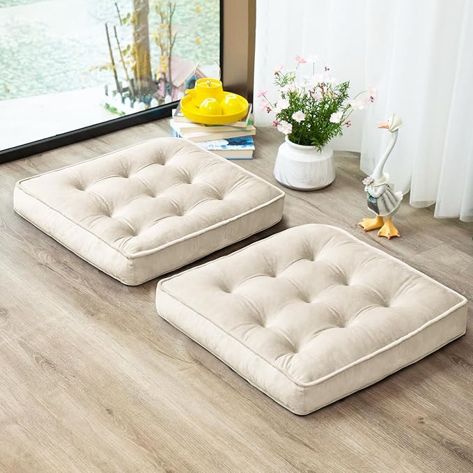 1 MIDDLE ONE Floor Pillow Set of 2, Memory Foam Meditation Cushion, Floor Cushions for Adults Sitting, Large Square Seat Cushions for Yoga, Living Room, 22x22 Inch (Off-White)