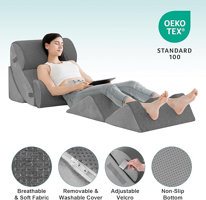 Hansleep Bed Wedge Pillow Set for After Surgery 6PCS, Post Surgery Pillow for Sleep Apnea and Acid Reflux Relief, Adjustable Reading Pillows Back Support with Memory Foam, Grey, 23"
