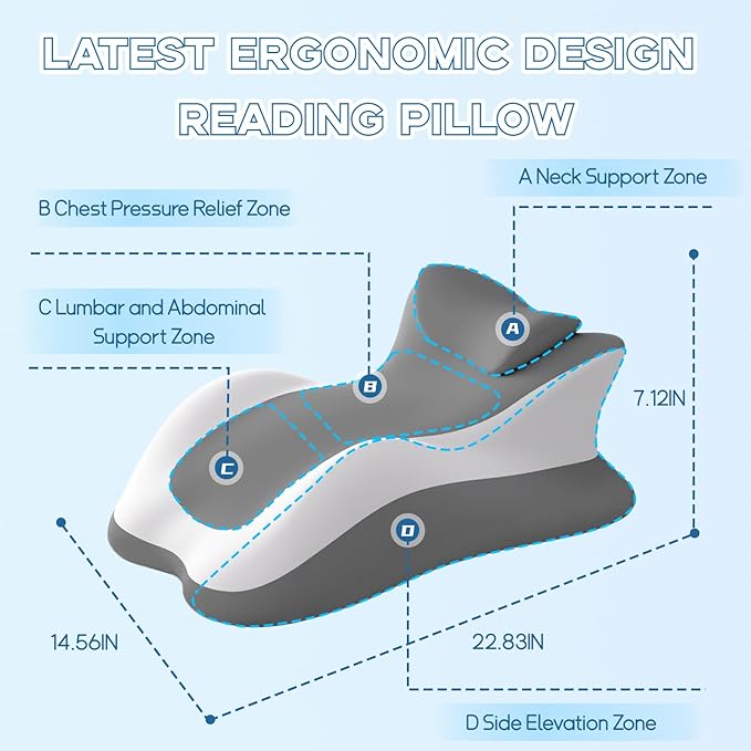 Memory Foam Ergonomic Reading Pillow for Bed, Multi-Position Support Pillow for Reading in Bed, Prone Sleeping, Lumbar & Leg Support, Helps Relieve Back Pain, Acid Reflux, with Removable Cover