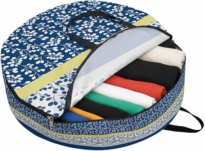 Storage Bag Blue Yellow Leaves Round Storage Totes Bins Closet Organizers with Zippers & Handle Stitching Stripes Clothes Storage Container for Bedroom Dorm Space Saving Packing Supplies Moving Bags