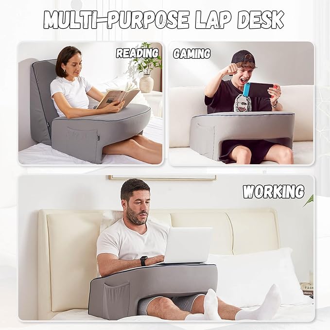 cooloo8 Reading Pillow with Armrests – Extra Large Memory Foam Gaming Pillow for Adult, Lap Desk for Laptop, Arm Rest for Working, Crocheting, Playing Game or Siting in Bed, Floor, Sofa, (Grey)