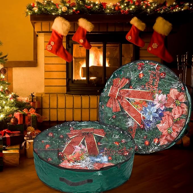 Propik Christmas Wreath Storage Bag 30" - Garland Holiday Container with Clear Window - Tear Resistant Fabric - 2 Pack (30 Inch, Green)